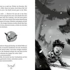 Ein kniender Junge schaut erschrocken auf ein Rudel Wölfe; ein großer Vogel schwebt bedrohlich darüber.