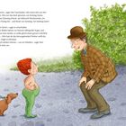 Text beschreibt ein Gespräch zwischen Herrn Taschenbier und einem kleinen Wesen. Illustration zeigt sie, mit Hund und Tauben.