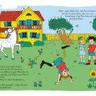Texte: „Hier“, sagte Pippi stolz... – Illustration: Ein Mädchen macht einen Handstand im Garten, umgeben von Freunden und einem Pferd.