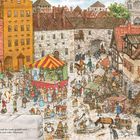 Hundert Jahre später höre ich ein Lied, das auf der Laute gespielt wird. Lebendige mittelalterliche Stadt mit Marktplatz.