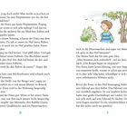 Doppelseitiger Buchtext über Franz, der am Fenster steht. Rechts oben ist eine farbige Illustration von einem Jungen und Baum.