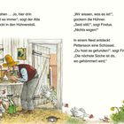 Links: Ein älterer Mann im Hühnermobil. Rechts: Hühner und ein kleiner roter Schuppen. Texte beschreiben eine Entdeckung.