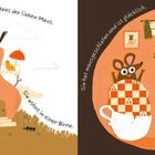 Links steht: "Im Obstweg steht das Haus der lieben Maus. Sie wohnt in einer Birne." Rechts: "Sie hat mausgeschlafen und ist glücklich. Sie freut sich auf den neuen Tag." Illustration einer Birne als Haus und Maus im Bett.