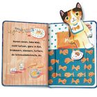 "Komm essen, liebe Miez, nicht hetzen, ganz in Ruh." Pappbilderbuch mit Katze, Essensillustrationen und Fischdesign.