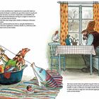 Links: Findus angelt aus einem Topf voller Fische. Rechts: Petterson sitzt nachdenklich am Tisch, schaut aus dem Fenster.