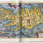 Illustration einer antiken Karte von Island mit Seemonstern, verziertem Rahmen und lateinischem Text.