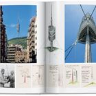 Links Skizzen und Notizen eines Turms, mittig und rechts Fotos und Illustrationen des Turms in urbaner Umgebung.