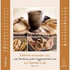 "Nehmt einander an, wie Christus euch angenommen hat zu Gottes Lob. Römer 15,7." Kalender für Februar mit Brot und Wein.