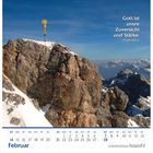 Text: "Gott ist unsre Zuversicht und Stärke. Psalm 46,2". Schneebedeckter Berggipfel mit einem großen goldenen Kreuz.