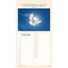 "Die Liebe Gottes ist ausgegossen in unsere Herzen durch den Heiligen Geist, der uns gegeben ist. Römer 5,5." Kalender für Februar mit einer weißen Taube vor blauem Himmel.