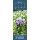 Kalenderblatt für Februar mit violetten Krokussen und Schneeglöckchen. Bibelzitat: "Ist jemand in Christus... Neues ist geworden."