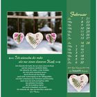 Februar, Kalenderseite mit Herzdekorationen und Wunschtext von Elli Michler. Links großer Wunschtext, rechts Monatsübersicht.
