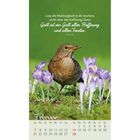Zitat über Hoffnung von Ruth Heil. Februar-Kalender. Amsel sitzt zwischen lila Krokussen auf grüner Wiese.