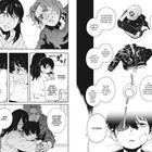 Manga-Panel: Gespräche zwischen mehreren Personen. Emotionale Szenen mit Umarmungen und Tränen. Kleidungsstücke als Geschenk.