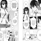 Eine Manga-Szene mit einem Mädchen und einem Jungen in einem Geschäft. Dialoge zeigen spielerische Neckereien.