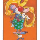 Ein Clown mit roter Nase spielt eine riesige Tuba, auf einem kleinen Mann stehend, der schwitzt und ihn stützt. Kalender zeigt Februar.