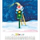Text: "Februar". Illustration: Ein Clown steht auf einer Leiter und umarmt eine Ampel im Schnee, bunter Hintergrund.