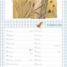 Kalenderseite Februar mit Vogelillustration: ein blauer Vogel auf einem Holzpfahl, unten ein Zaunkönig auf Seil.