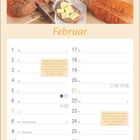 Kalenderseite: Februar, Text zu Mehltypen und Mineralstoffen, Backzutaten wie Mehl, Eier und Brot.