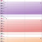02 2027. Februar Kalender mit farbigen Wochenblöcken: blau, lila, rot, orange. Feiertage: Rosenmontag, Fastnacht.