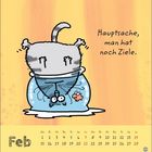 „Hauptsache, man hat noch Ziele.” Februar-Kalenderseite mit Zeichnung einer Katze im Goldfischglas.