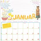 "Orangen-Polenta-Kuchen", "müsli", "JANUAR" und "Neujahrsgrüße". Illustrierter Kalender mit Rezepten und Dekorationen.