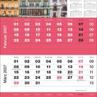 Februar bis April 2027 Kalender mit bunten Gebäuden im Hintergrund.