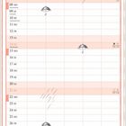 Kalender für Februar mit Illustrationen von einem Bären und einem Jungen in einem Regenschirm. Enthält Regenschirme und Streifen.