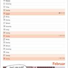 Kalender für Februar. Illustration: Ein Paar läuft auf einer Straße. Sprechblasen: Sie sagt, Enkel hat Glatze von ihm.