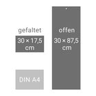 Text: "gefaltet 30 × 17,5 cm", "offen 30 × 87,5 cm", "DIN A4". 
Drei graue Rechtecke unterschiedlicher Größe.