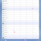 Kalender für Februar. Noten und Herzen. "Musik an, Welt aus!" mit einer Illustration eines Mädchens mit grünen Haaren.