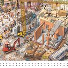 Kalender: Februar. Eine belebte Baustelle mit Arbeitern, einem Kran, spielenden Kindern und Passanten. Rechts oben eine Leiter.