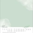 Kalender für Februar mit hervorgehobenen Tagen: 7., 14., 21. Februar. Illustration mit pastellgrünem Hintergrund und Blatt.