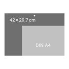 Text: "42 × 29,7 cm", "DIN A4". Zwei rechteckige Flächen, die größere enthält die kleinere. Punkt oben zentriert.