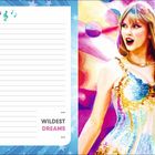 Links "NOTIZEN", "WILDEST DREAMS". Rechts eine bunte Illustration einer Frau in einem glitzernden Kleid.