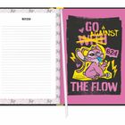 Links: "Notizen" über liniertem Papier. Rechts: Illustration mit Text "GO AGAINST THE FLOW" und Cartoon-Hase.