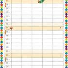 Kalender im Februar-Design, bunte Punkte als Rahmen, eine Raupe und ein Stück Kuchen als Illustrationen.