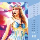 FEB; monatlicher Kalender mit buntem Hintergrund; Frau in einem glitzernden Kleid; dynamischer Malstil.