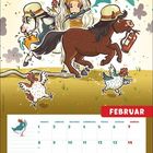 Kalenderblatt: Februar, Montag bis Sonntag. Illustration: Feuerwehrpferde mit Helmen und Hühnern. 112 erkennbar.