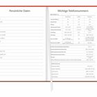 Links: Überschriften "Persönliche Daten". Rechts: "Wichtige Telefonnummern". Enthält mehrspaltige Notrufnummern.