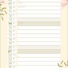 Ein Kalender für Februar mit Illustrationen von pastellfarbenen Blumen und einem Kolibri. Wochentage und Ereignisse notiert.