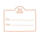 Etikett mit "Gruß aus der Küche". Linien für "Für:" und "Von:". In Orange gezeichnet.