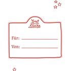 "Für: _____, Von: _____, Gruß aus der Küche." Roter Rahmen, Sterne, dekoratives Design.