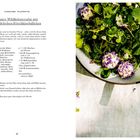 "Bunter Wildkräutersalat mit Gundelerben-Frischkäsebällchen", Zutatenliste, Zubereitung. Rechts bunter Salat mit Frischkäse.