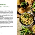 "Pilzbutter und wilder Feldsalat" Rezepttext links, rechts Foto von Brot mit Pilzbutter und Salat, dazu Walnüsse, Birne, Zwiebel.