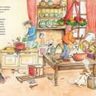 Text: "Butter, Mehl und Milch verrühren..."; Illustration: Kinder in einer chaotischen, festlichen Backküche.