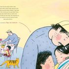 Text über Sorge und Trost. Illustration zeigt Vater und Kinder bei Tisch, gelber Hintergrund, gemütliche Szene mit Katze.