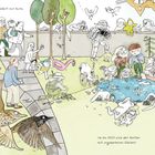 „Doch das Glück währt nur kurz. Im Nu füllt sich der Garten mit ungebetenen Gästen!“ Eine lebhafte Gartenszene voller Menschen und Tiere.