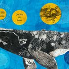 Texte beschreiben den Wal als Insel, seine symbolische Bedeutung in verschiedenen Kulturen und Legenden. Die Illustration zeigt einen Wal mit floralen Mustern auf blauem Hintergrund.