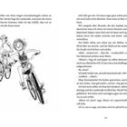 Seite 49. Illustration: Zwei Kinder fahren freudig auf Fahrrädern, eins vorn, das andere dicht dahinter. Sie wirken begeistert.